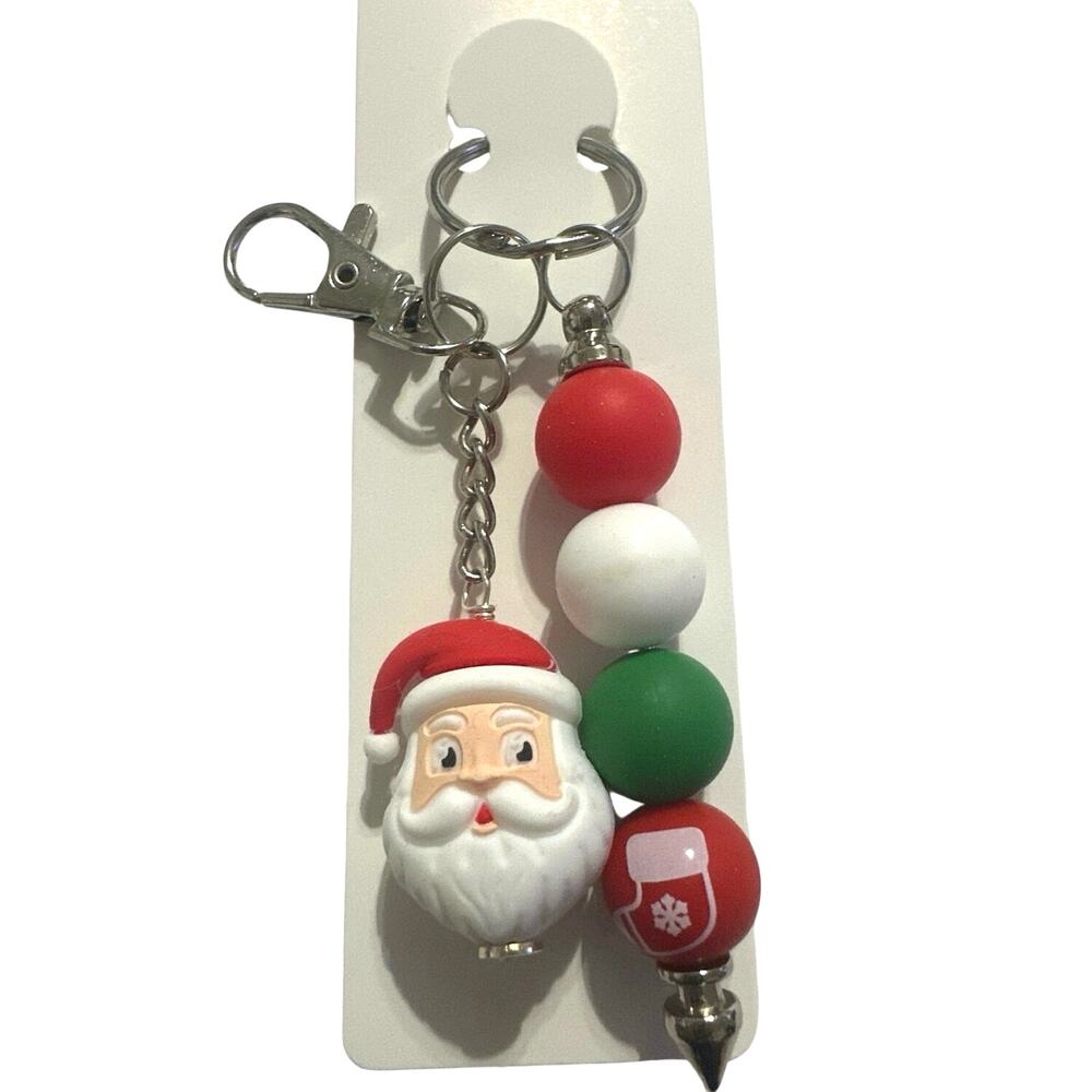 Christmas keychain or bag charm with santa Clause. Homemade. Brand New 4”